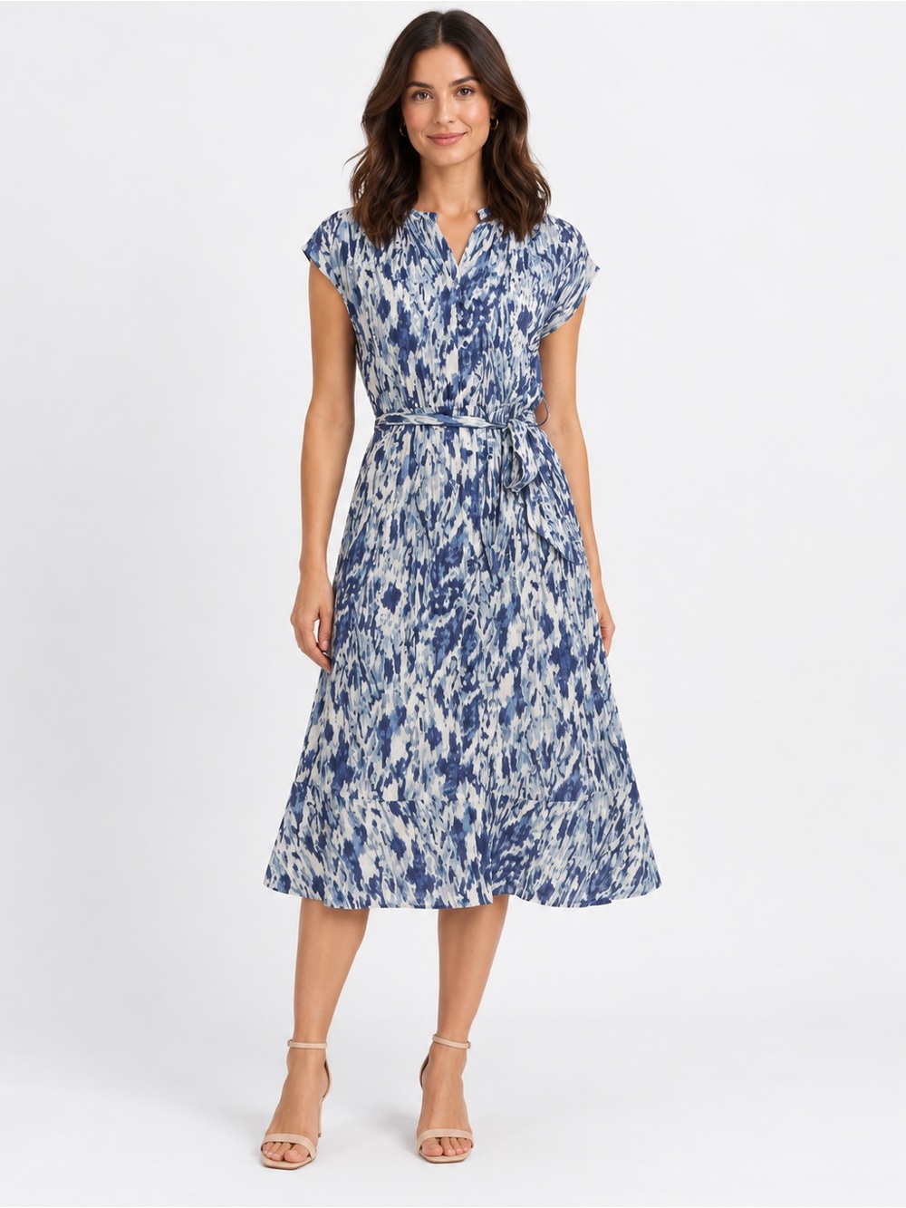 bobeau Blue & White Abstract Button Tie-Waist Midi Dress